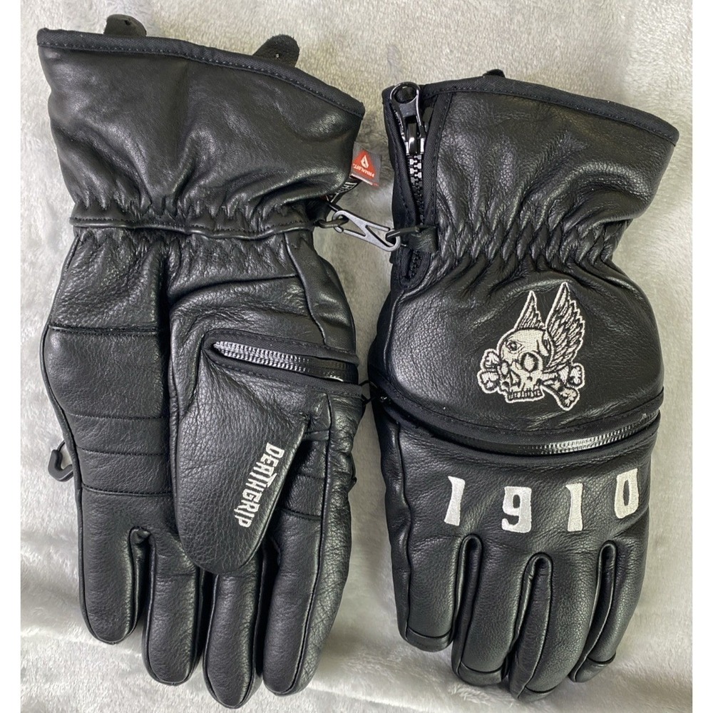 Death Grip Glove Co. Zombie 1910 Snowboard Gloves Men LG Black Leather Primaloft